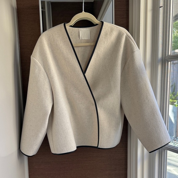Oversized Wool Jacket with Black Leather Trim